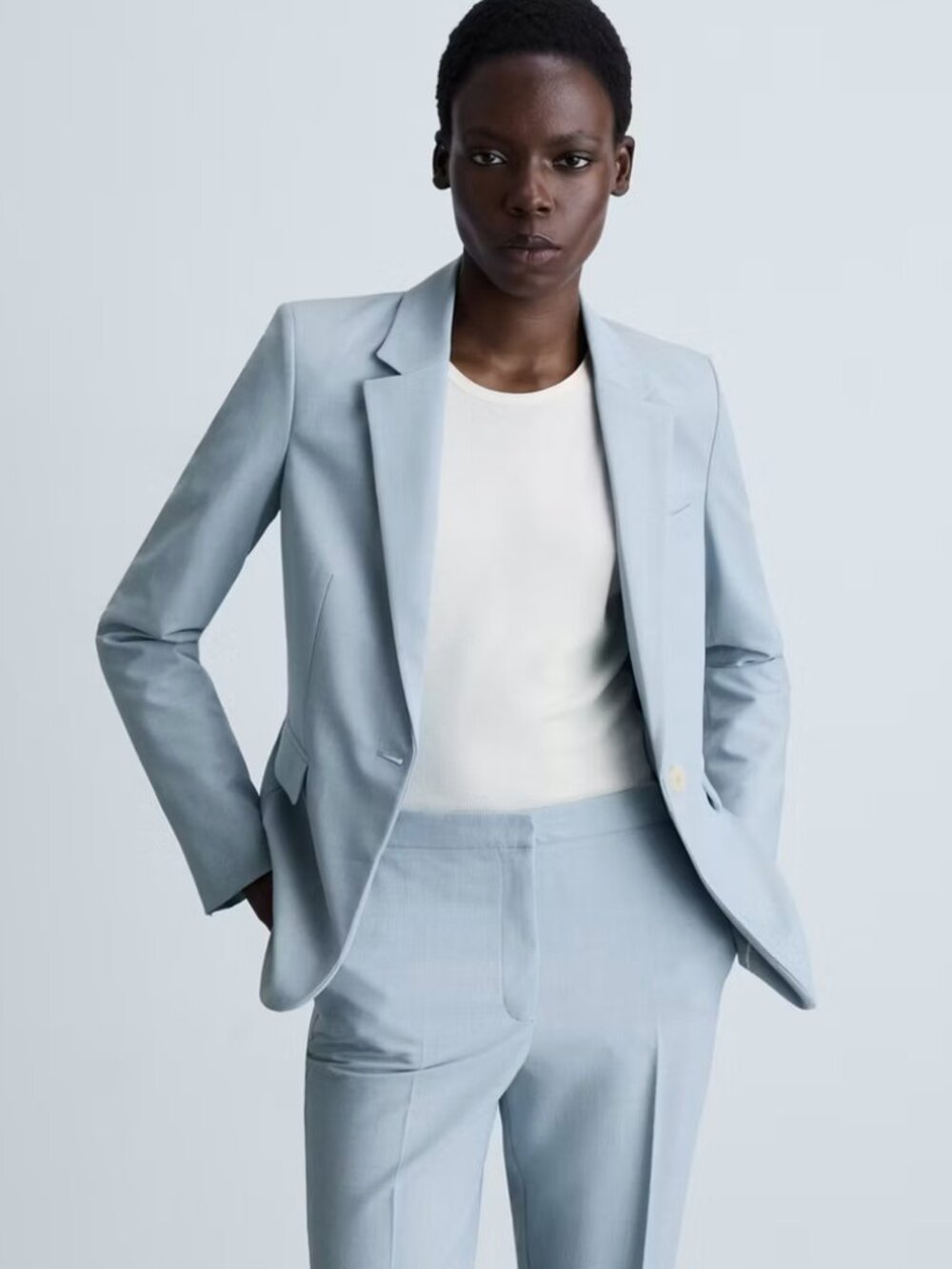 NEW Mango Linen Blend Blue Fitted Suit Blazer Small and Straight Suit Pants 2